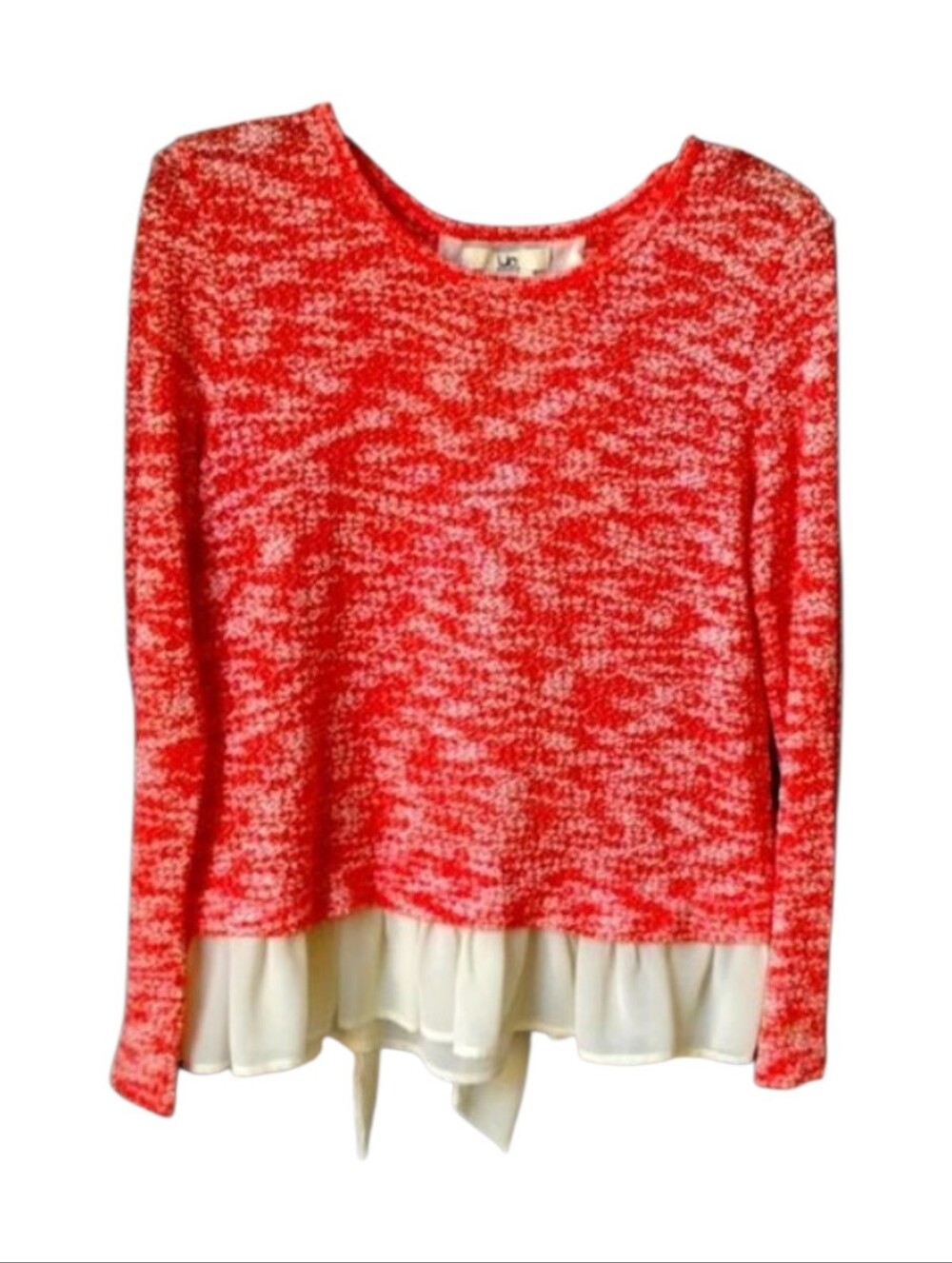 Ya Los Angeles Women's Knit Top Size M Pink Ivory Ruffle Hem Back Tie Scoop Neck